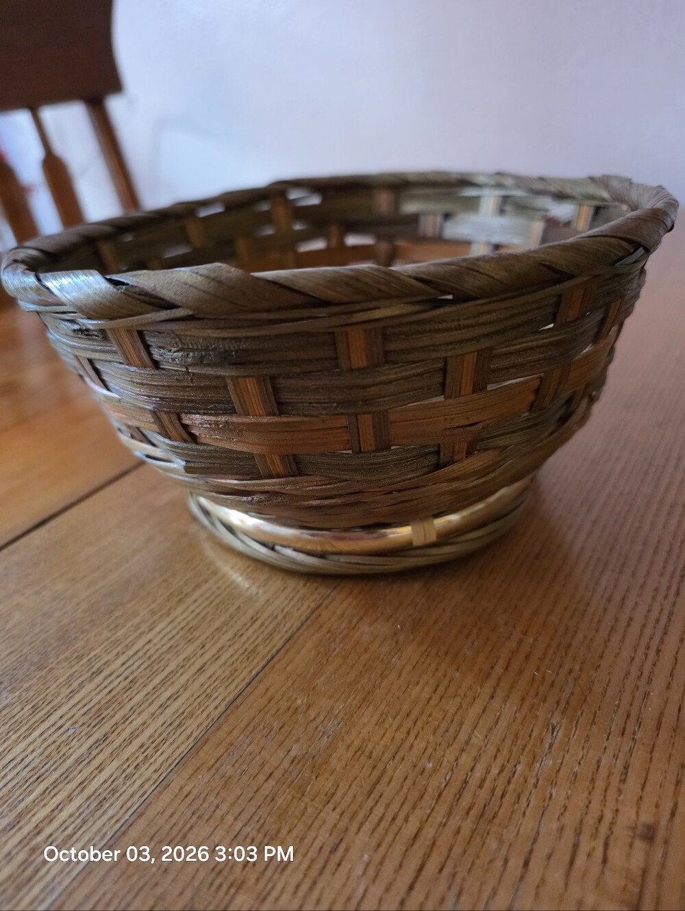 Vintage Woven Willow Wicker Bowl Basket with Silver Metal Base